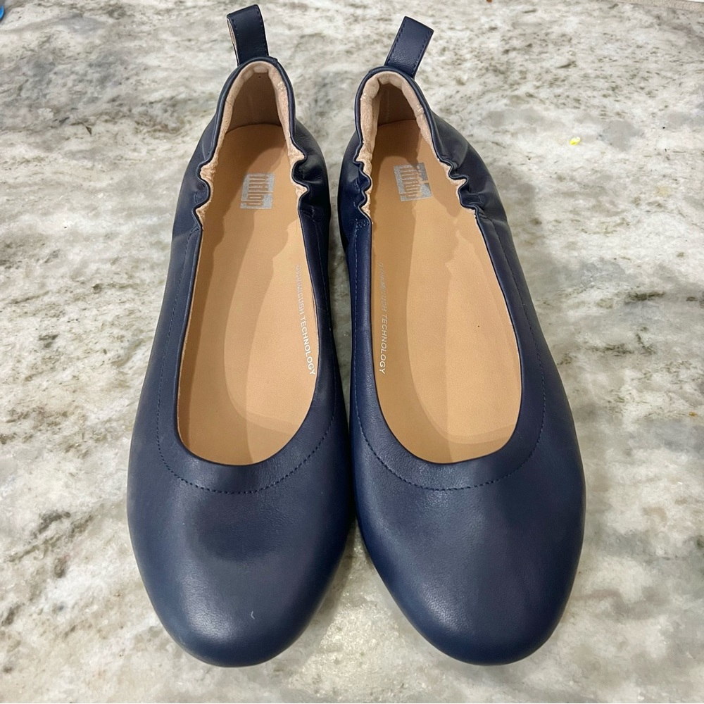 Fitflop Allegro Navy Blue Soft Leather Ballerina Round Toe Stretch Flats Size 9 - Picture 2 of 8